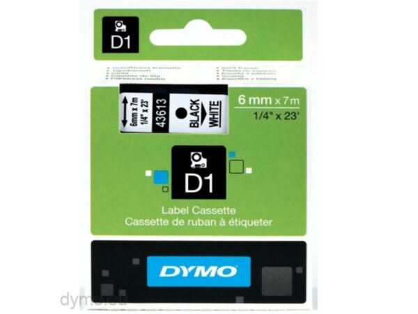 Dymo D1 lint 6mm must/valge