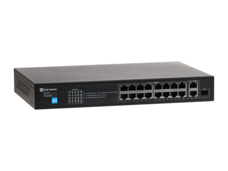 GTX PoE-kommutaator | 16 × PoE 802.3af/at | 2 × 1G RJ45 + 1 × SFP uplink | 200W