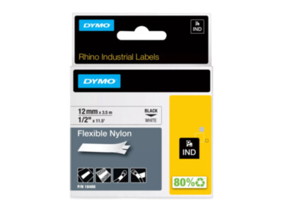 DYMO Rhino nailonlint | 12 mm × 3,5 m | must tekst valgel