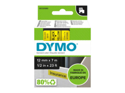 DYMO D1 lint | 12mm × 7m | must tekst kollasel