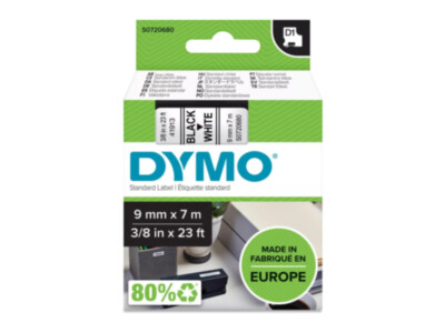 DYMO D1 lint | 9 mm × 7 m | must tekst valgel