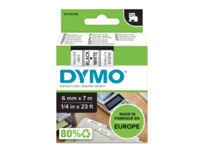 DYMO D1 lint | 6 mm × 7 m | must tekst valgel