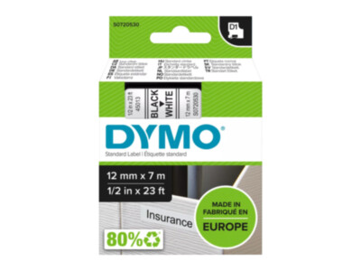 DYMO D1 lint | 12mm × 7m | must tekst valgel